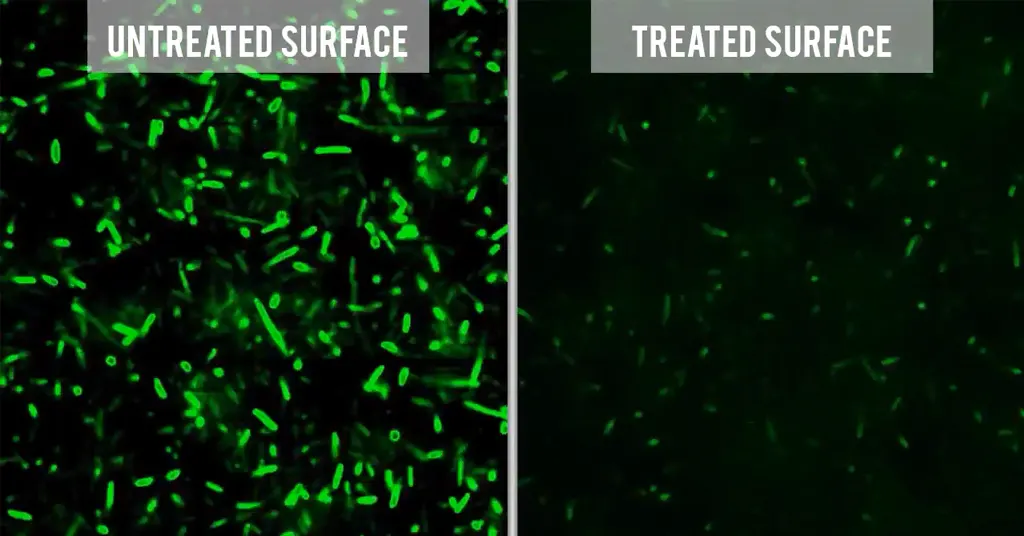 Diagram showing the difference of an untreated vs treated by biocote surface